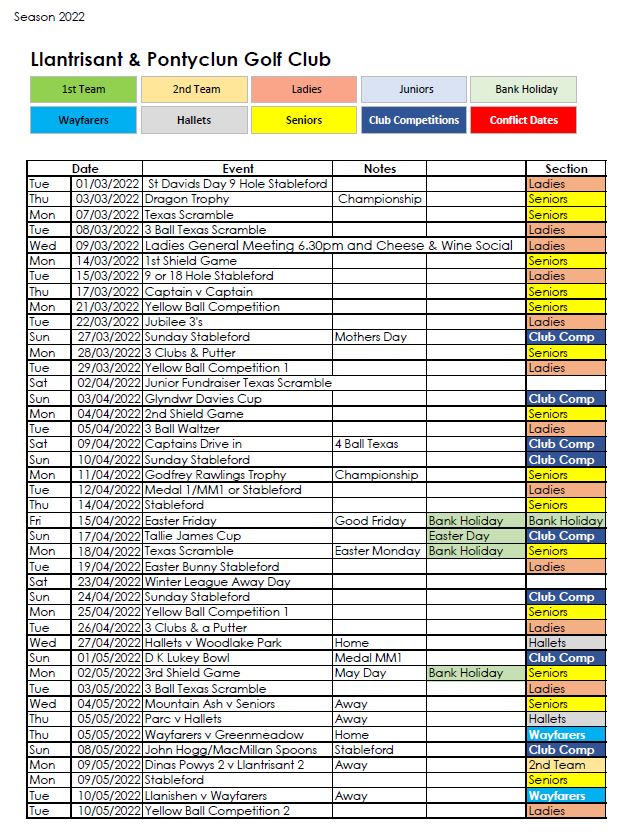 2022 Club Fixtures Llantrisant and Pontyclun Golf Club