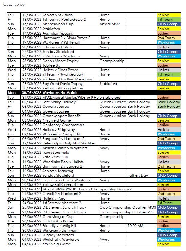 2022 Club Fixtures Llantrisant and Pontyclun Golf Club
